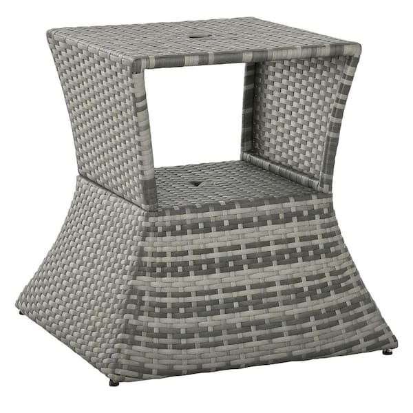 Grey Square Wicker Outdoor Side Table with Umbrella Hole