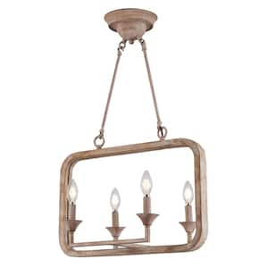 Mora 4-Light Rustic Elegance Light Brown Finish Farmhouse Rectangular Chandelier for Kitchen Island and Dining Room