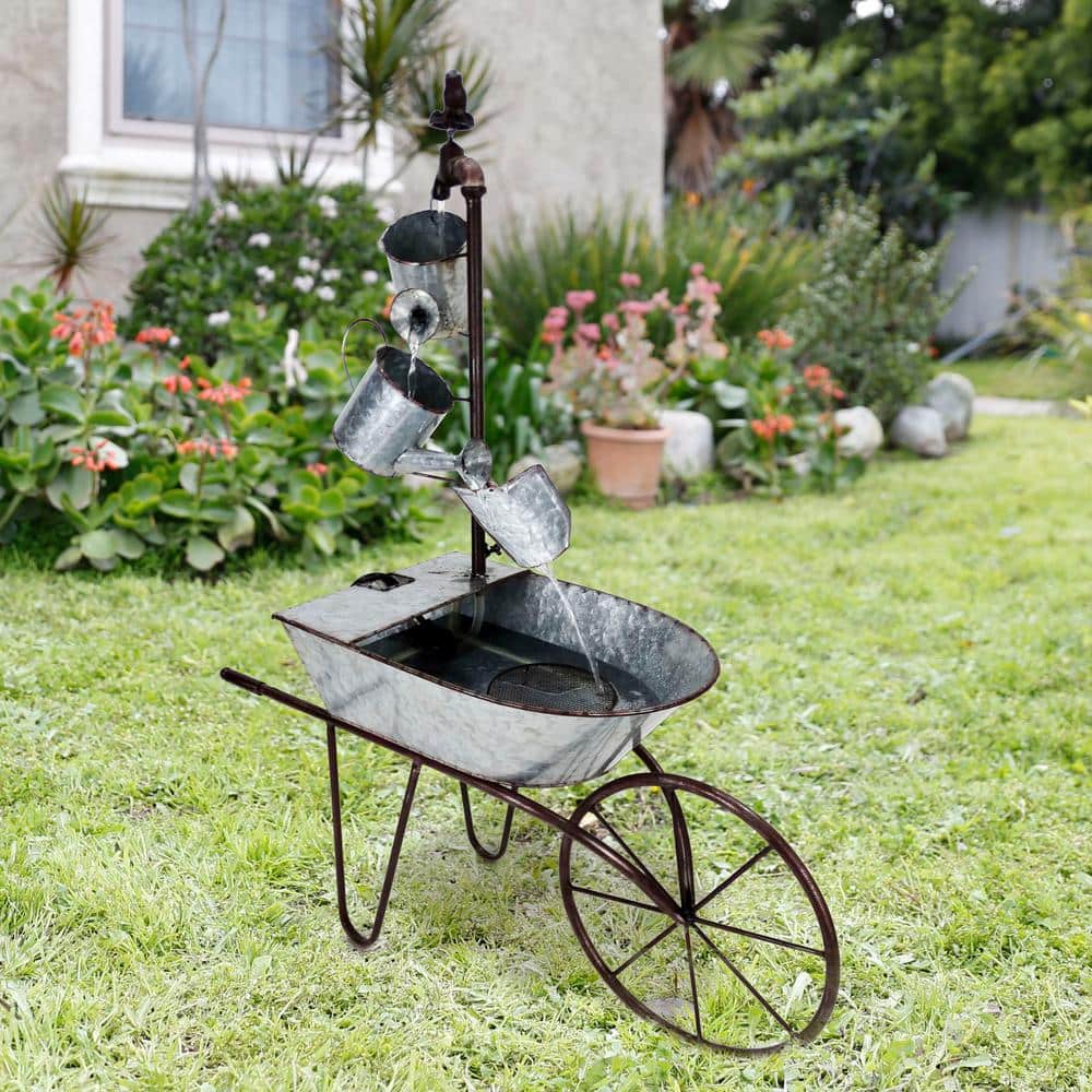 36" Silver Metal Wheelbarrow and Watering Can Fountain