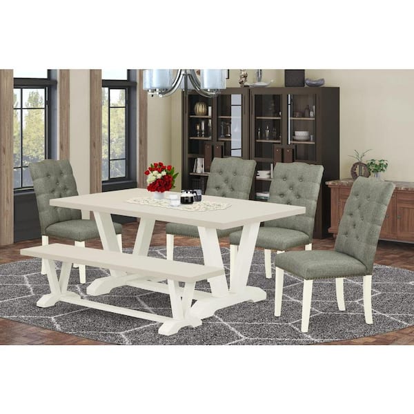 East West Furniture 6-Piece Rectangle Natural Oak Finish Solid Wood Top Dining Table with 1-Bench, 4-Chairs with Lattice Back