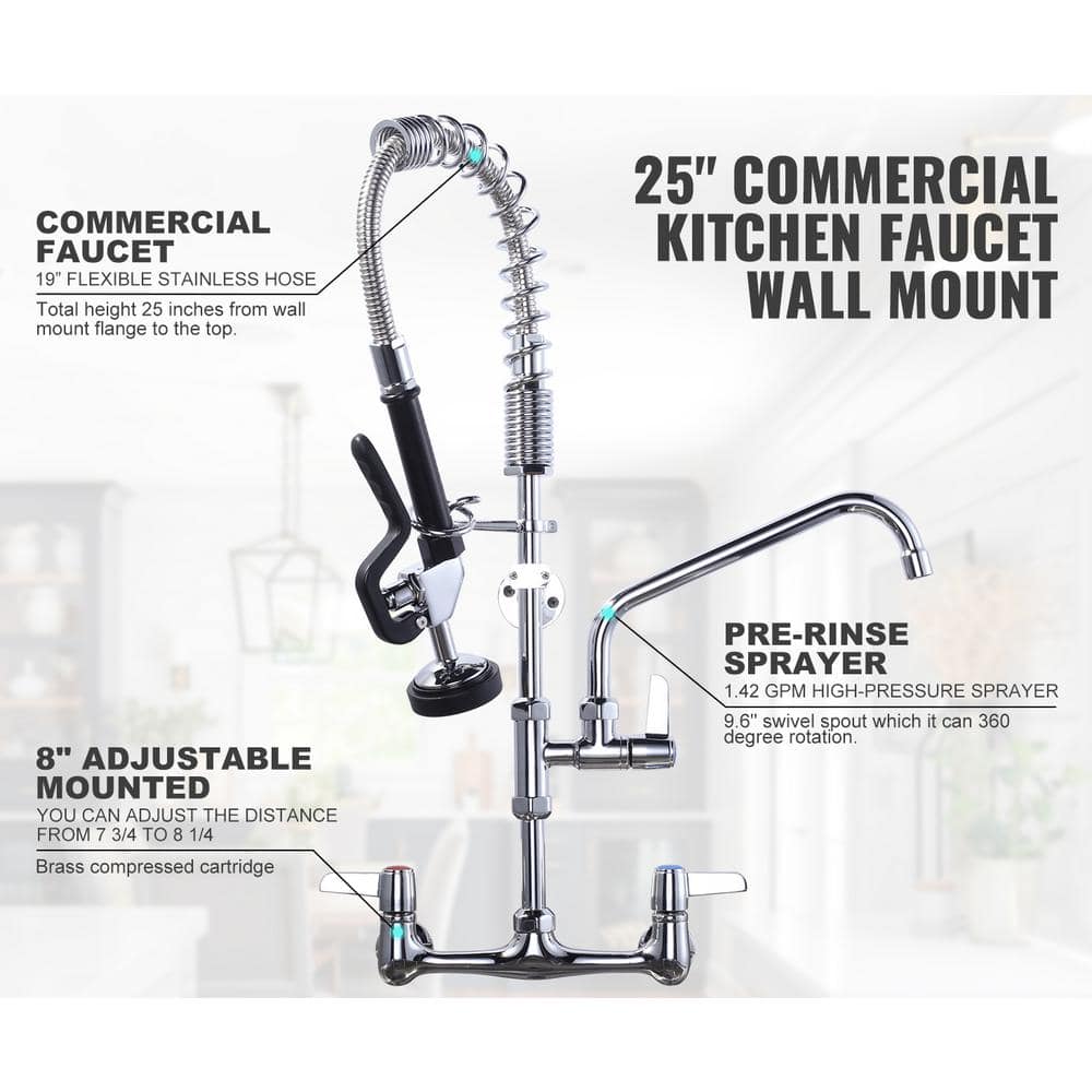 25-Inch Polished Chrome Triple Handle Wall Mount Kitchen Faucet