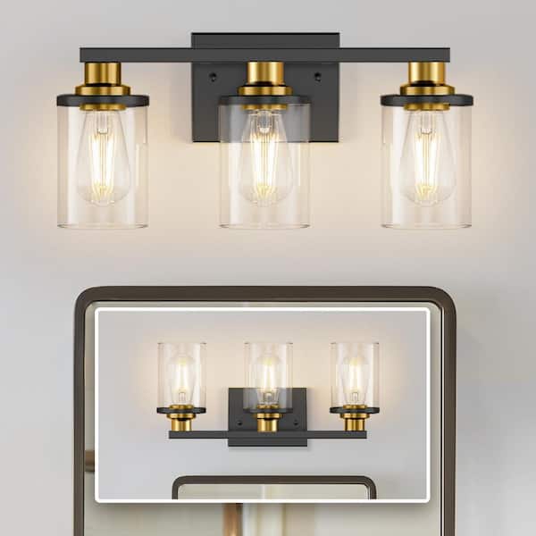 17 in. 3-Light Black and Gold Bathroom Vanity Light, Bathroom Light Fixtures Over Mirror with Clear Glass Shade
