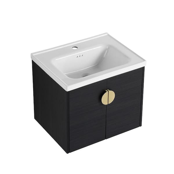 23.80 in. W x 18.50 in. D x 20.70 in. H Floating Wall-Mounted Bath Vanity in Black Chestnut with White Ceramic Top