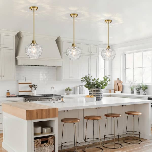 RayHome 1-Light Modern Gold Adjustable Height Pendant Light with Apple-Shaped Hammered Glass for Kitchen Island Bedroom