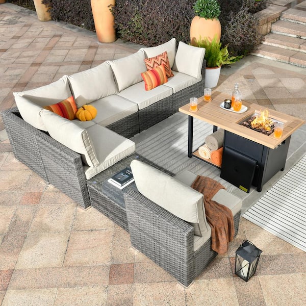 HOOOWOOO Messi Gray 8-Piece Wicker Outdoor Patio Conversation Sectional Sofa Set with a Storage Fire Pit and Beige Cushions