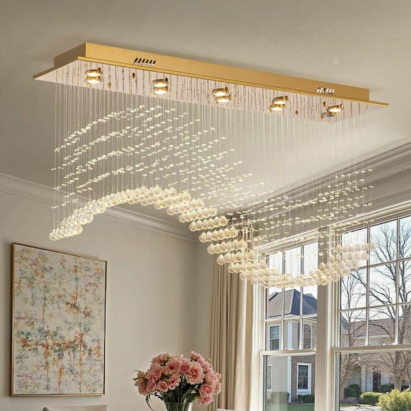 47" 10-Light Gold Modern Wave Chandelier Rectangular Crystal Raindrop Flush Mount Pendant Lighting for Dining Room