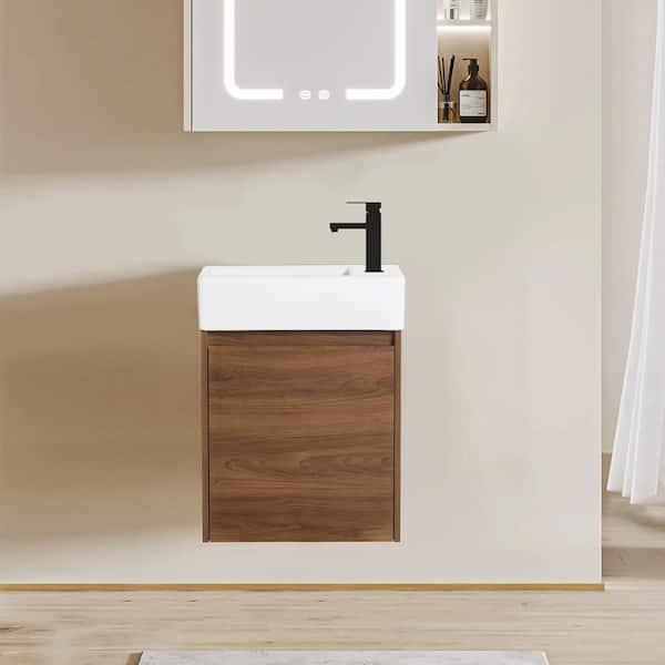 18.11 in. Wall-Mounted Brown Ebony Bath Vanity with White Ceramic Sink Top Unassembled