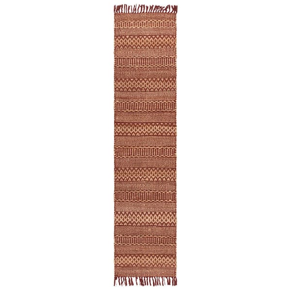 Natural Fiber 2 ft. x 9 ft. Natural/Rust Woven Striped Fringe Runner Rug