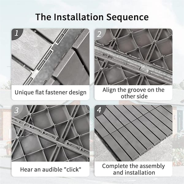 cadeninc 12 in. x 12 in. Dark Gray Square 4 Slat Plastic Outdoor Flooring Tiles All Weather (Set of 44 Tiles)
