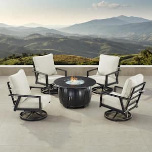 Black 7-Piece Aluminum Patio Fire Pit Set with 4-Club Chairs Light Grey Cushions