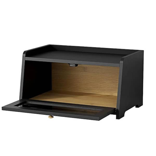 Black Bread Box for Kitchen Countertop, Vintage Wooden Counter Breadbox, Small Farmhouse Corner Cabinet Organizer