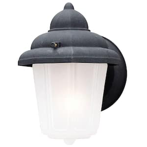 1-Light Textured Black on Cast Aluminum Exterior Wall Lantern Sconce with Frosted Glass