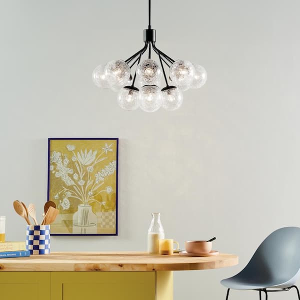 KICHLER Silvarious 30 in. 12-Light Black Modern Crackle Glass Shaded Convertible Chandelier for Dining Room