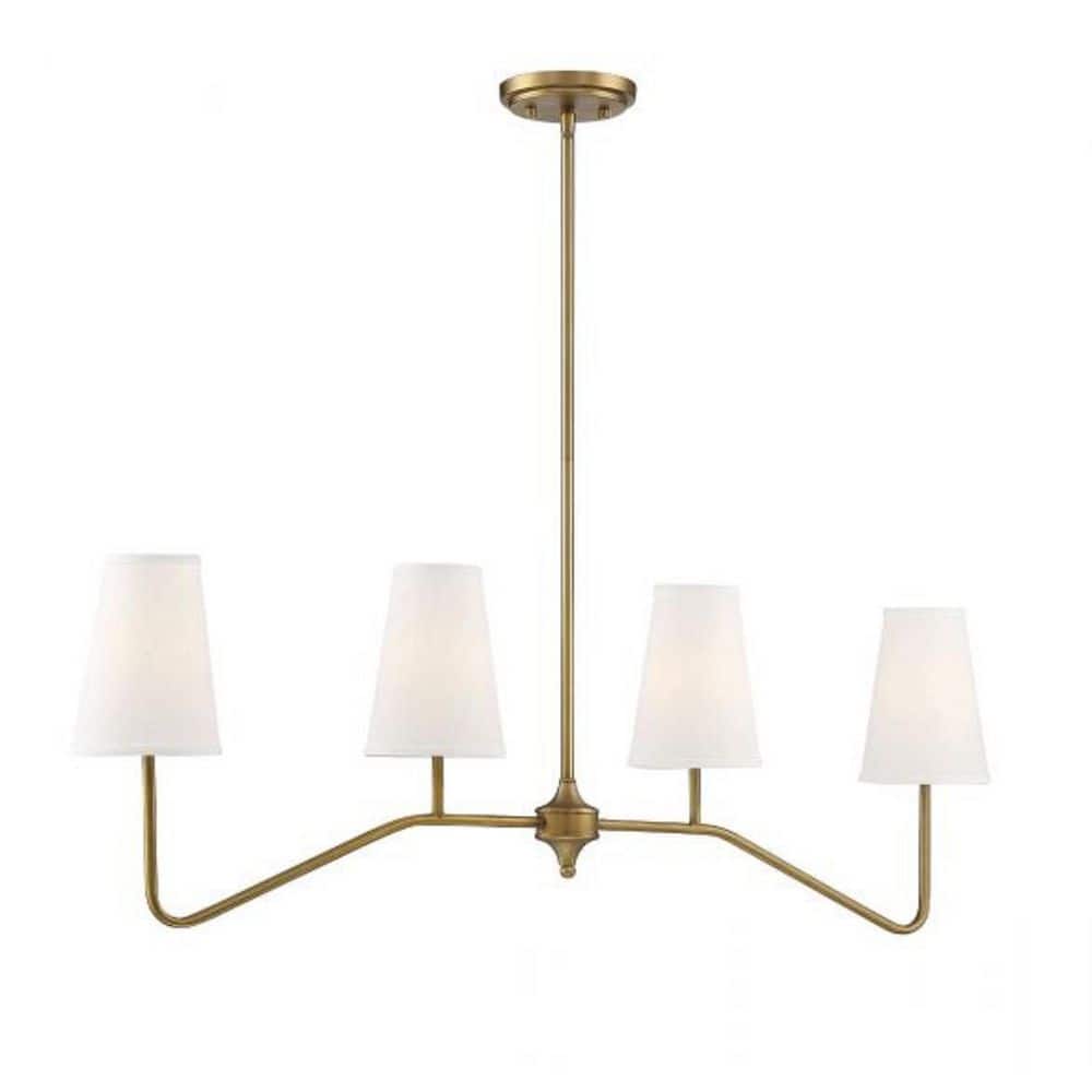 Natural Brass 4-Light Linear Chandelier with White Fabric Shades