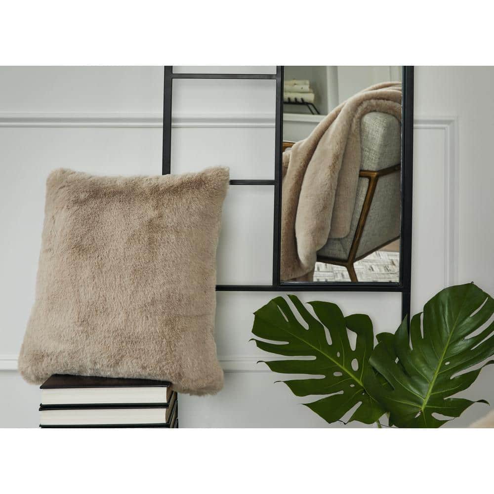 Light Brown Faux Rabbit Fur Square Accent Pillow, 20 x 20 Inches