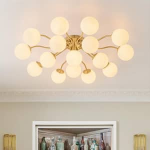 51.18 in. 16-Light Brass Industrial Semi-Flush Mount Light Fixture Globe Ceiling Light Mid Century Sputnik Chandelier