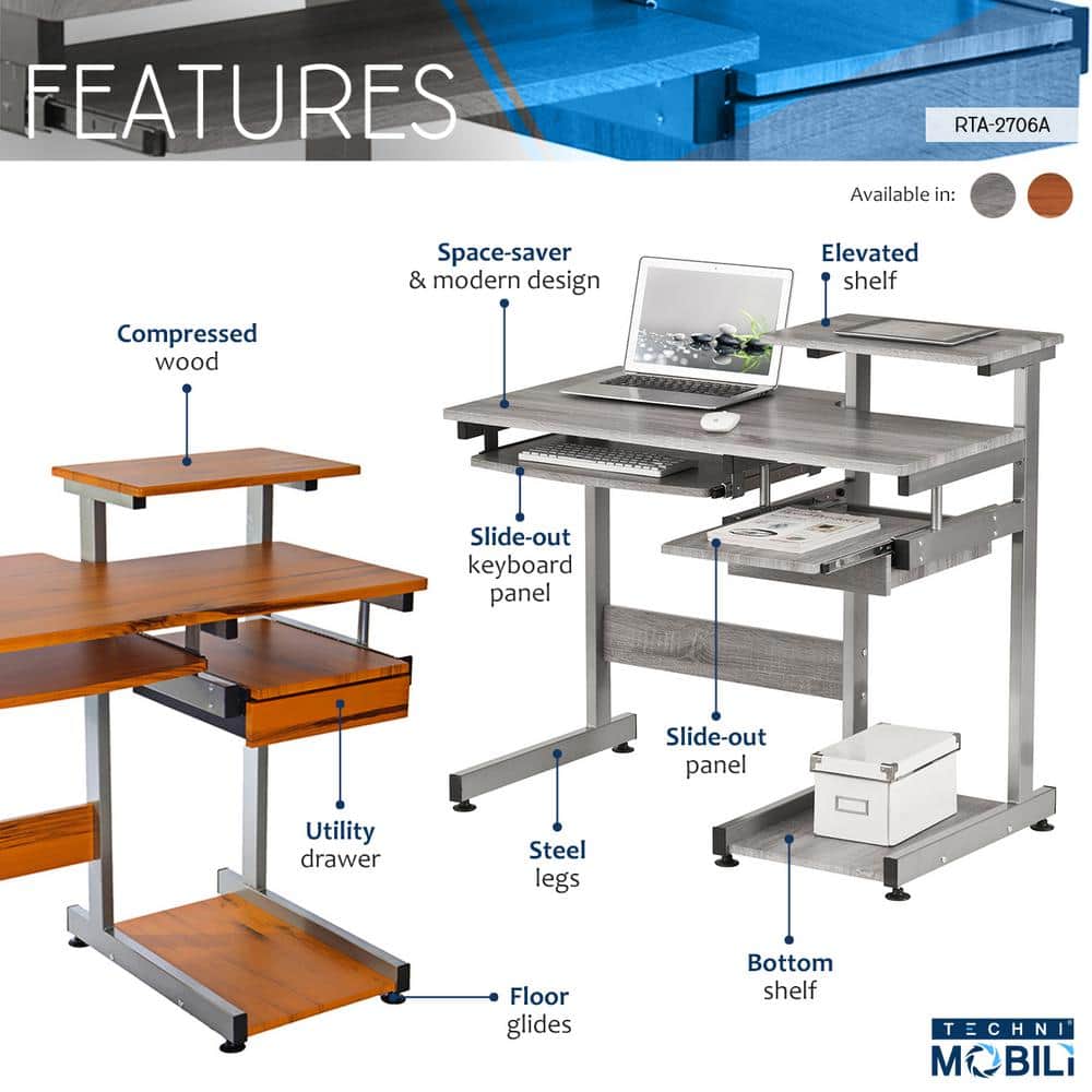 Sleek Gray MDF and Steel Compact Computer Desk with Drawers