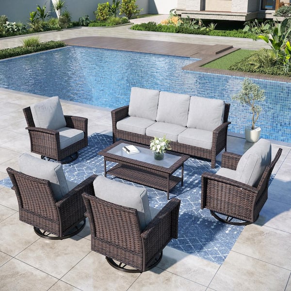 PHI VILLA Black 6-Pieces Metal Patio Conversation Sectional Seating Set with Swivel Sofa Chairs, Glass Top Table and Gray Cushions