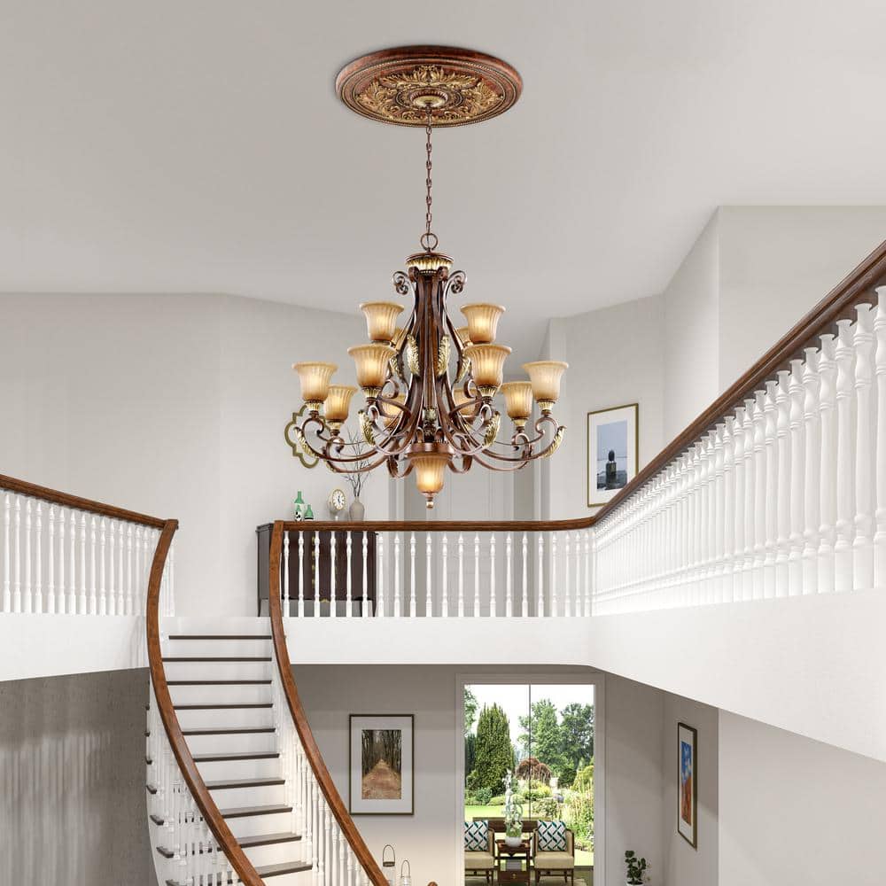 Villa Verona 13-Light Chandelier in Bronze with Rustic Art Glass
