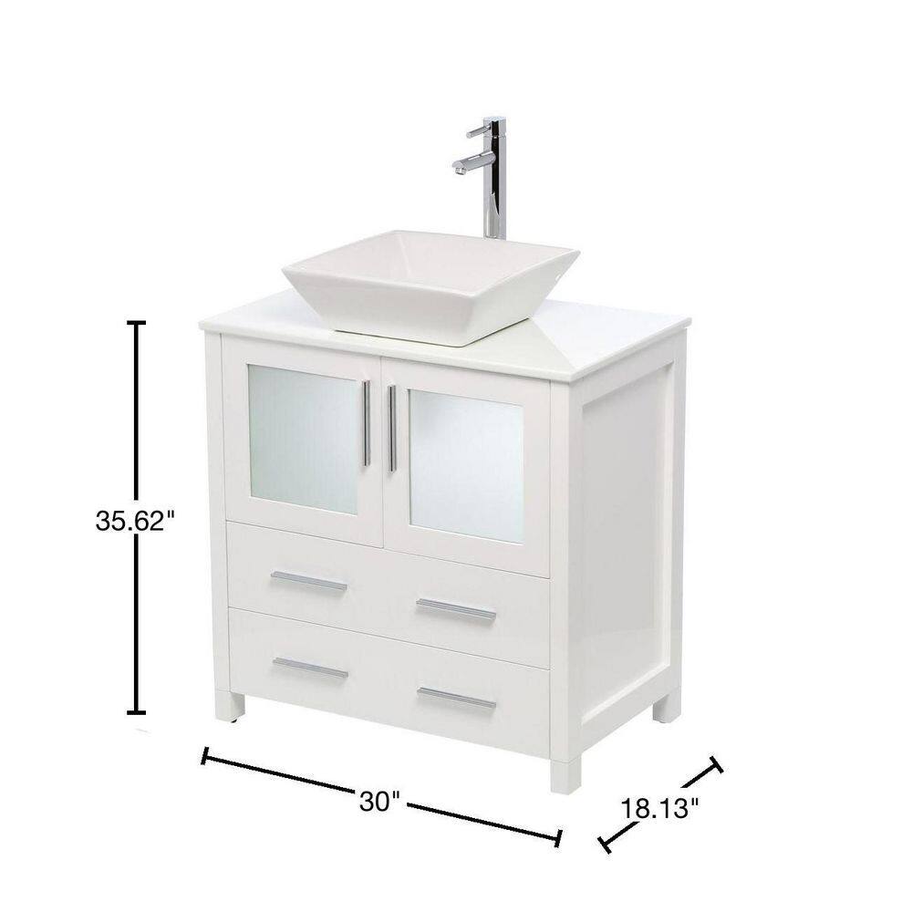 White Ceramic Top 30" Modern Freestanding Vanity Set with Mirror