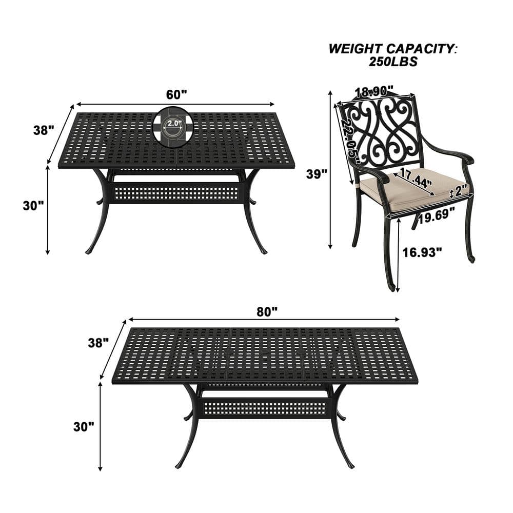 9-Piece Black Cast Aluminum Rectangular Outdoor Dining Set with Beige Cushions