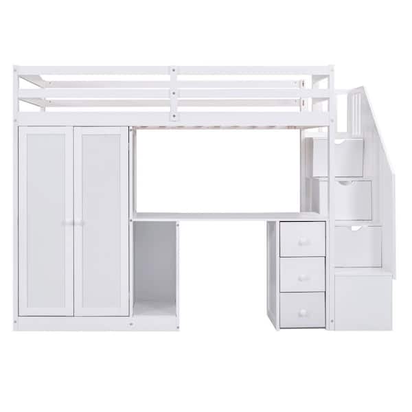 Angel Sar White Twin Size Loft Bed with Wardrobe and Storage Staircase, Desk and Storage Drawers and Cabinet in 1