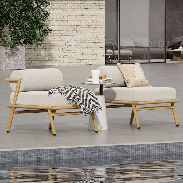 Harper & Bright Designs Teak Finished Iron Outdoor Patio Lounge Chair with Off White Cushions (2-Pack)