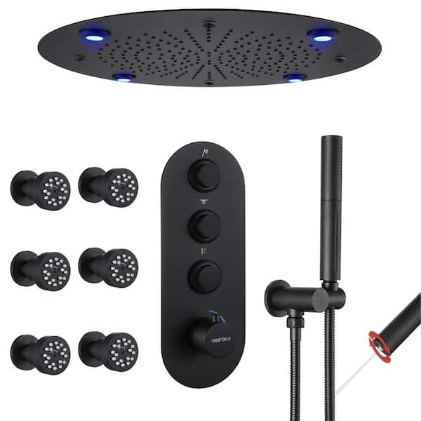 Vanfoxle Luxury 5-Spray Thermostatic Shower Head 16 in. Round Ceiling Fixed and Handheld Shower Head and 6-Jet in Matte Black