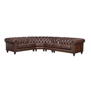 Alton Bay Sect 125 in. W Rolled Arm 4-Piece Leather L-Shaped Chesterfield Sectional Sofa in Brown