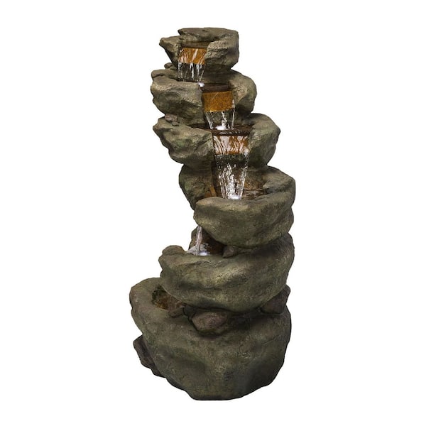 48 in. Tall Rock Waterfall Fountain with LED Lights, Gray
