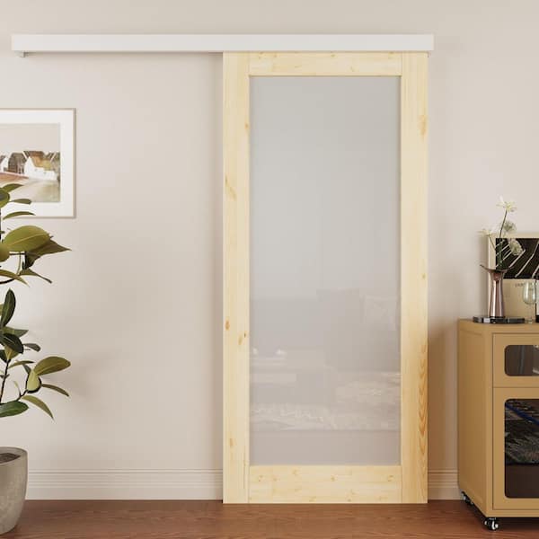 36 in. x 80 in. Hidden Track Style 1-Lite Frosted Glass Unfinished Glass Sliding Barn Door with Hardware Kit