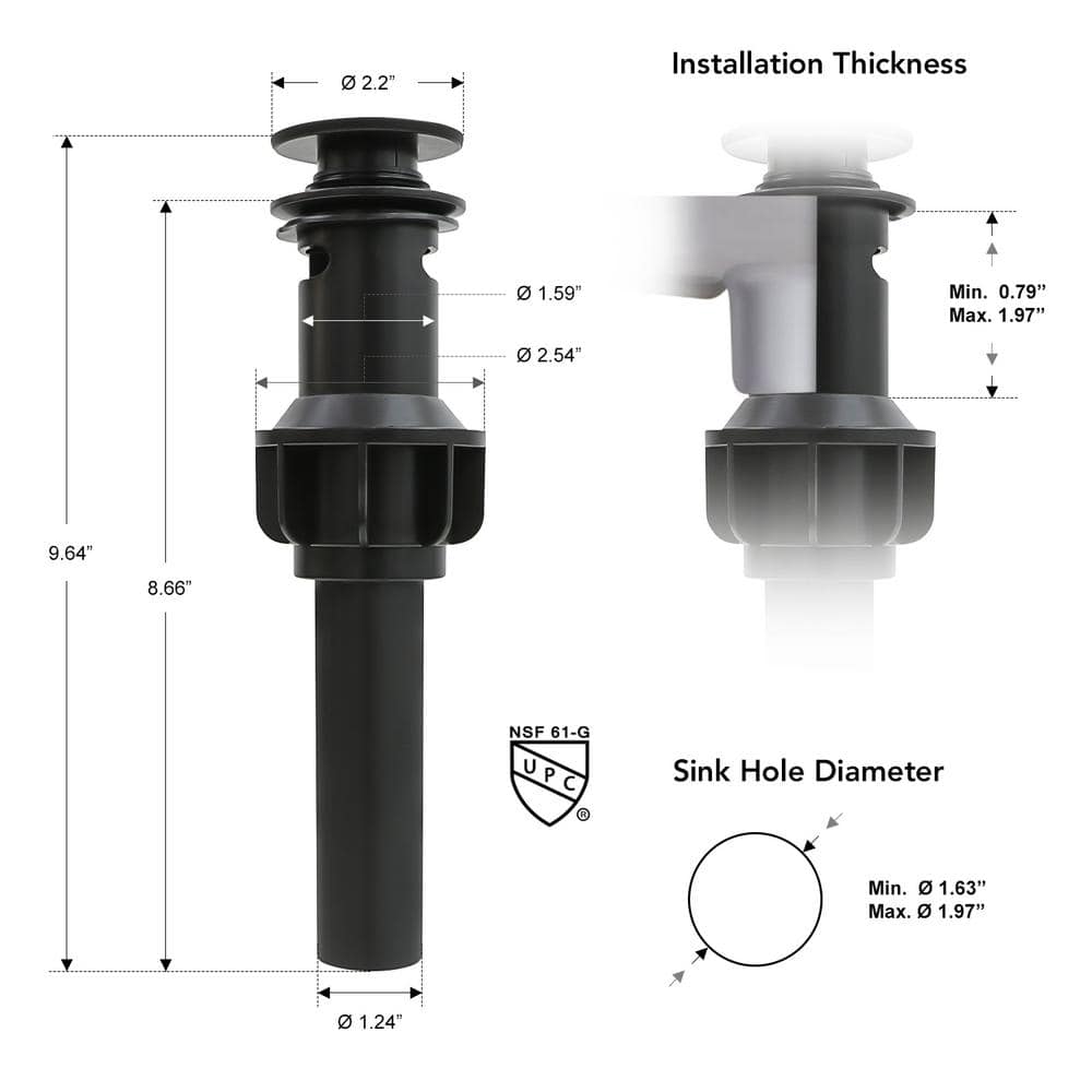 Matte Black ABS Plastic Pop-Up Sink Drain with Overflow