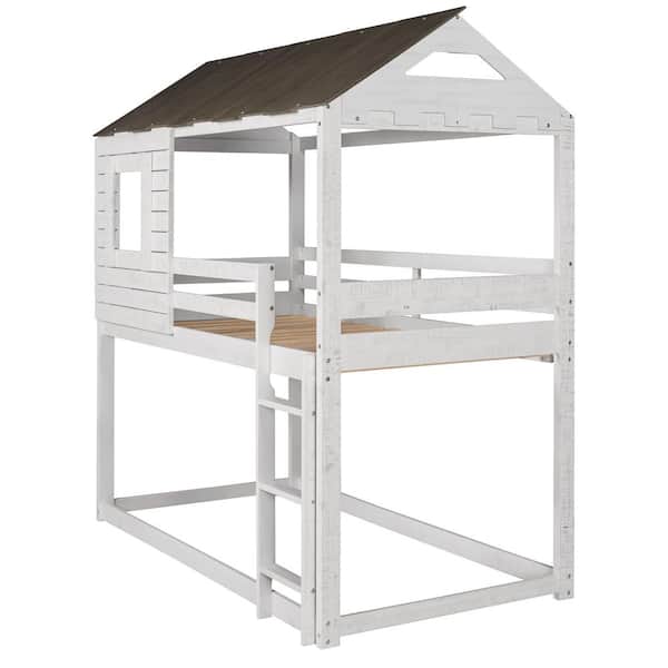 wetiny Antique White Twin Over Twin Bunk Bed with Roof, Window, Guardrail, Ladder