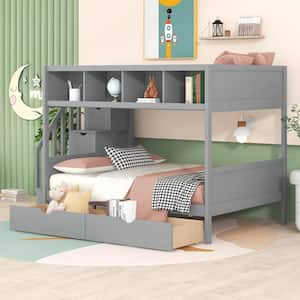 Twin over Full Bunk Bed with Shelfs, Storage Staircase and 2 Drawers, Gray