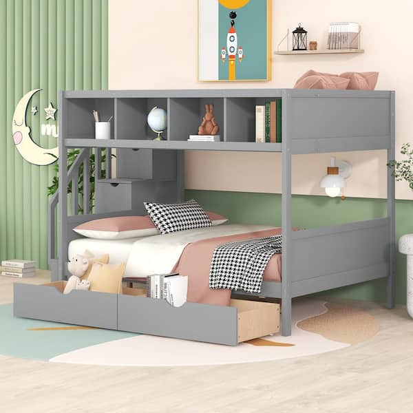 Polibi Twin over Full Bunk Bed with Shelfs, Storage Staircase and 2 Drawers, Gray