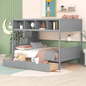 Twin Over Full Bunk Bed with Shelfs, Storage Staircase and 2-Drawers, Gray