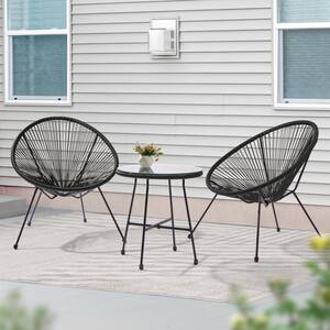 3-Piece All-Weather Black Woven Outdoor Acapulco Chair,Plastic Wicker Bistro Set With Tempered Glass Side Table