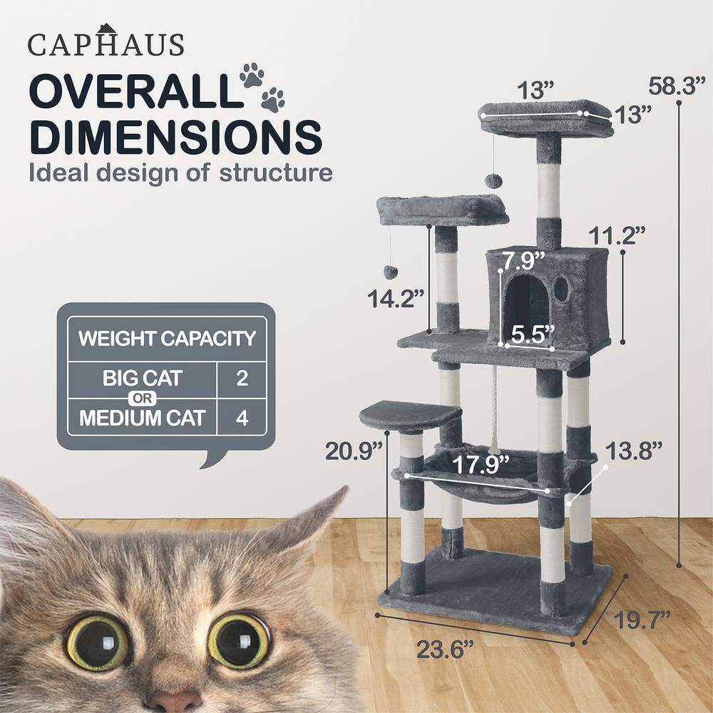 Smoky Grey 58-Inch Multi-Level Cat Tree with Hammock and Scratching Posts