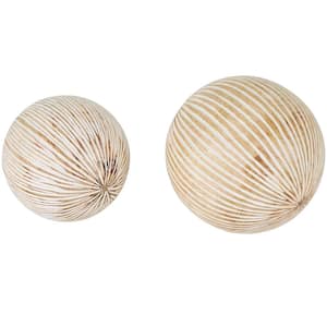 Cream Handmade Mango Wood Decorative Ball Orbs And Vase Filler with Carved Lines (2- Pack)