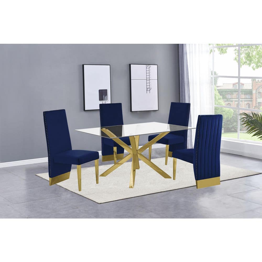 63" Rectangular Clear Glass Dining Set with Navy Blue Velvet Chairs