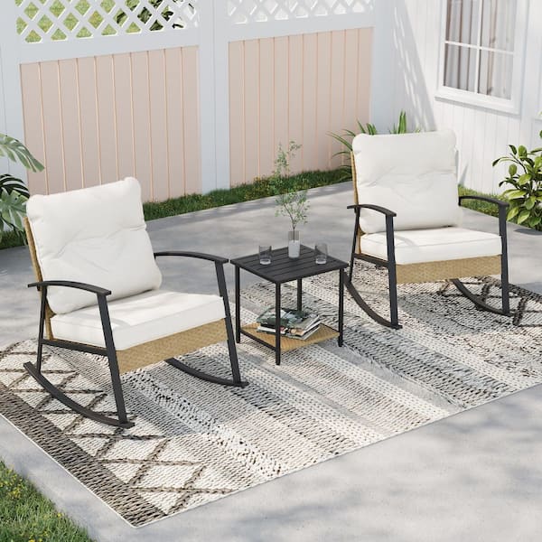 3-Piece Steel Frame Patio Bistro Set, Rocking Chair Modern Patio Furniture Sets with Side Table and Beige Cushions