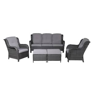 Black 5-Piece PE Rattan Wicker Patio Outdoor Conversational Seating Sectional Sofa Set with Gray Cushion and Steel Frame
