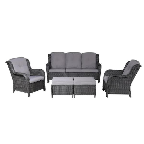 Afoxsos Black 5-Piece PE Rattan Wicker Patio Outdoor Conversational Seating Sectional Sofa Set with Gray Cushion and Steel Frame