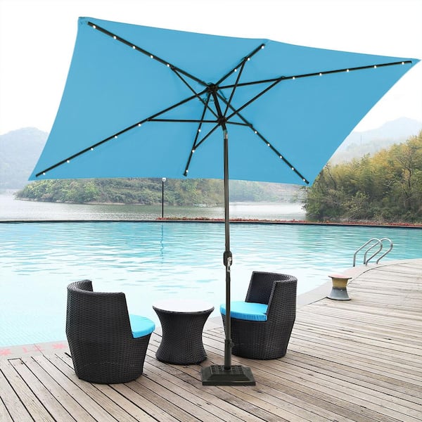 10 ft. Aluminum Pole Market Solar Patio Umbrella Outdoor Umbrella in Light Blue with 26 LED Lights and Crank Lift System