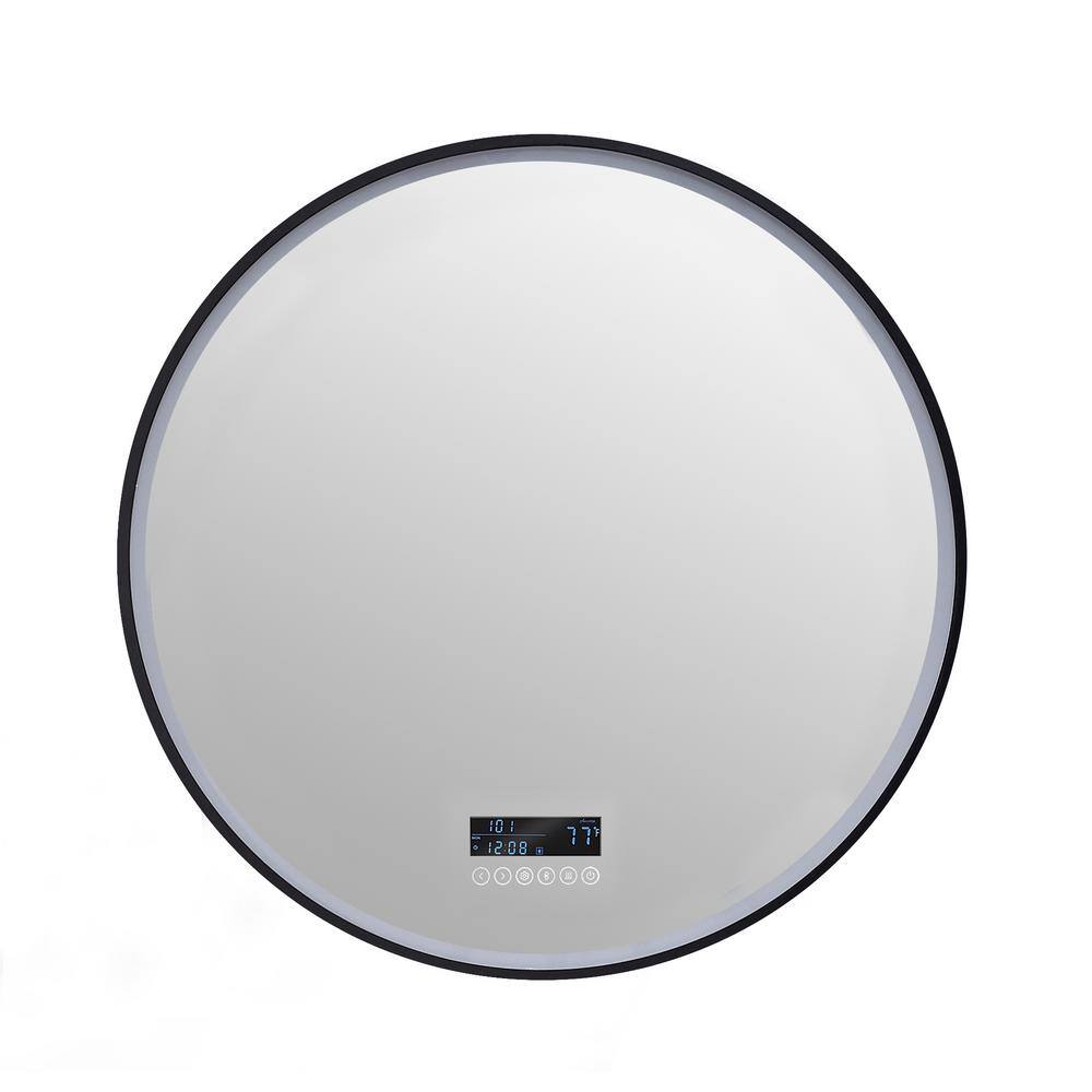Round Black LED Bathroom Vanity Mirror with Bluetooth and Digital Display