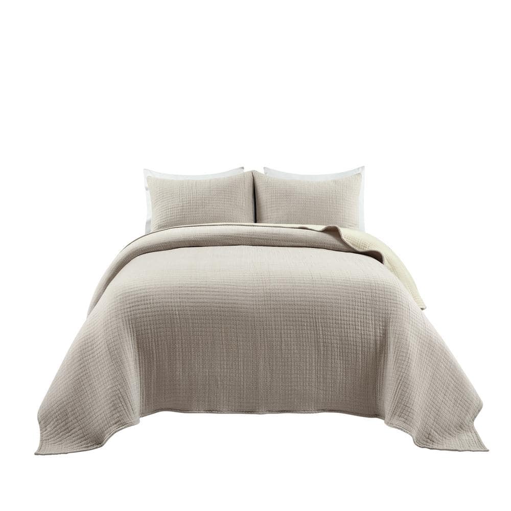 Neutral Off-White Cotton Reversible Full Quilt Set