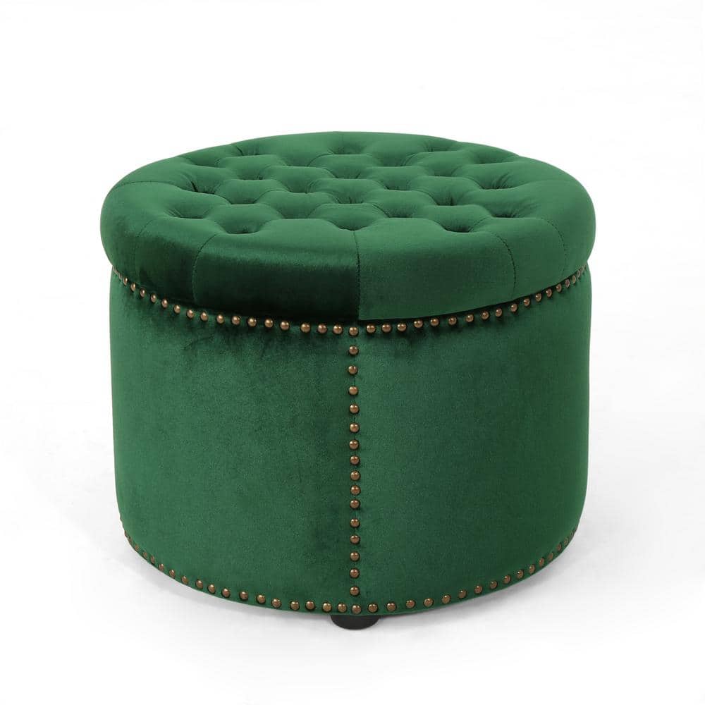 Emerald Green Velvet Tufted Round Accent Ottoman with Studded Detail