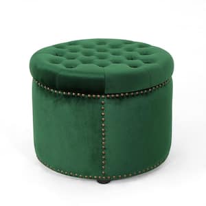 Tiernan Glam Round Tufted Emerald Velvet Ottoman with Stud Accents