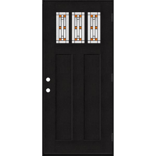 Steves & Sons Regency 36 in. x 80 in. 3-Lite Amberton Decor Glass LHOS Onyx Stain Fir Grain Fiberglass Prehung Front Door