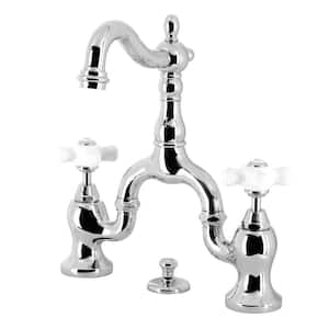 English Country 2-Handle 8 in. Bridge Bathroom Faucets with Brass Pop-Up in Polished Chrome